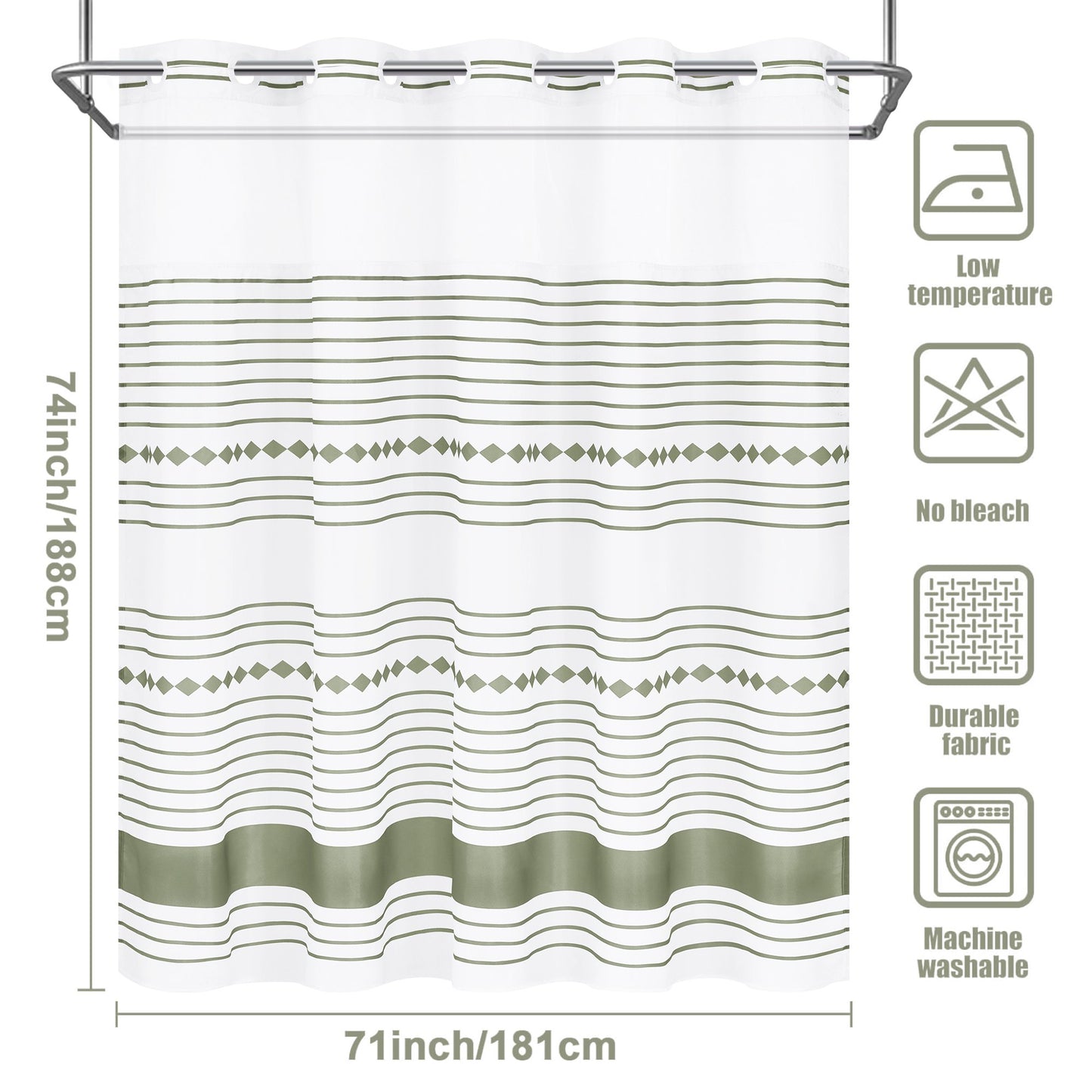 Ikfashoni Hookless Shower Curtain with Snap in Liner, Green Strip No Hook Waterproof Bath Curtain, 71"X74"