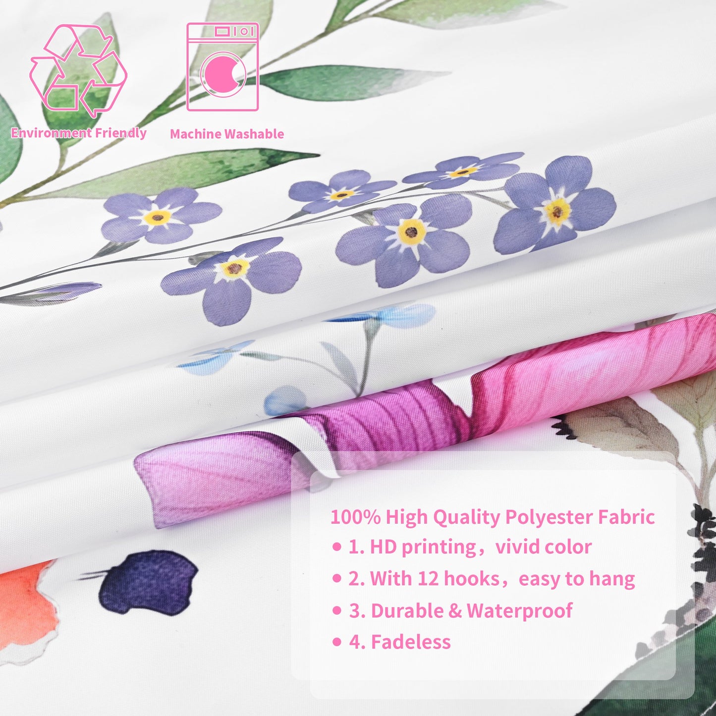 Ikfashoni Colorful Flowers Shower Curtain with Hooks,13pc Waterproof Fabric Bathroom Curtain, 72"X72"