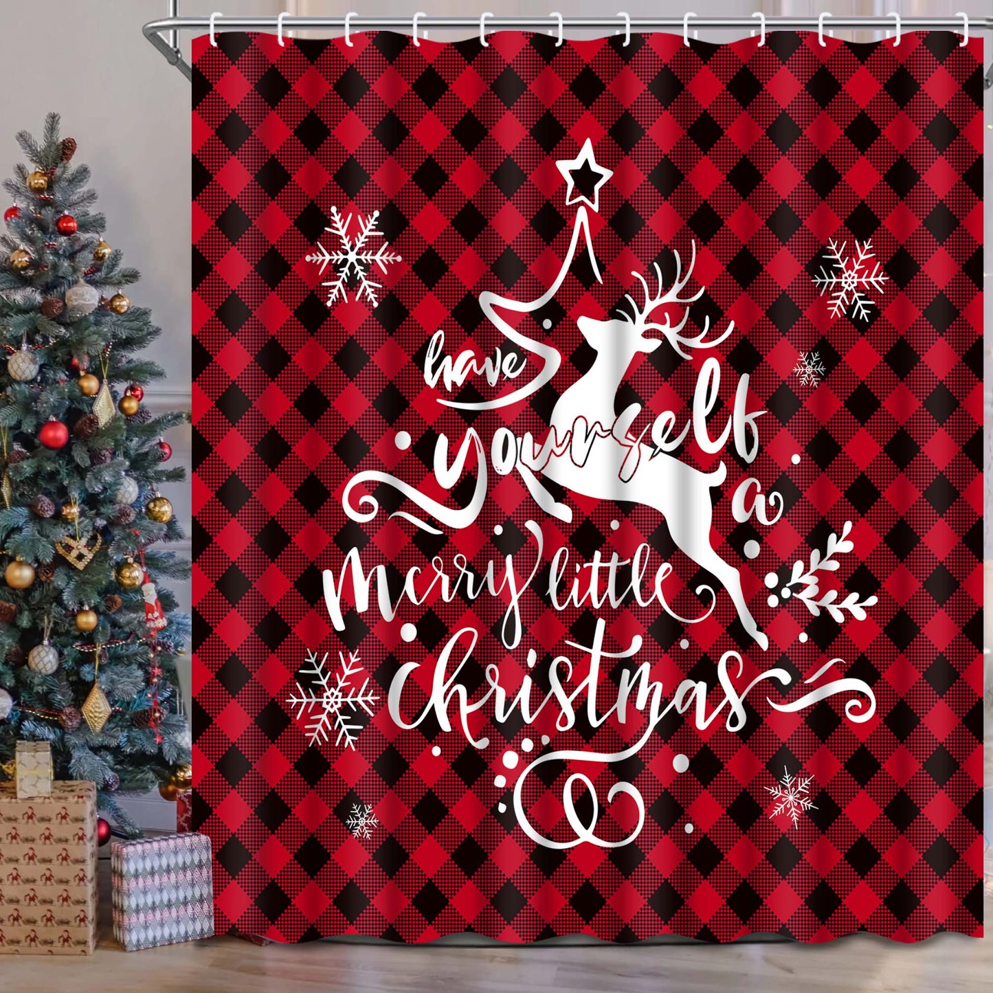 Ikfashoni Red Buffalo Plaid Christmas Shower Curtain, 13pc Deer Waterproof Fabric Bathroom Curtain, 70"X69"