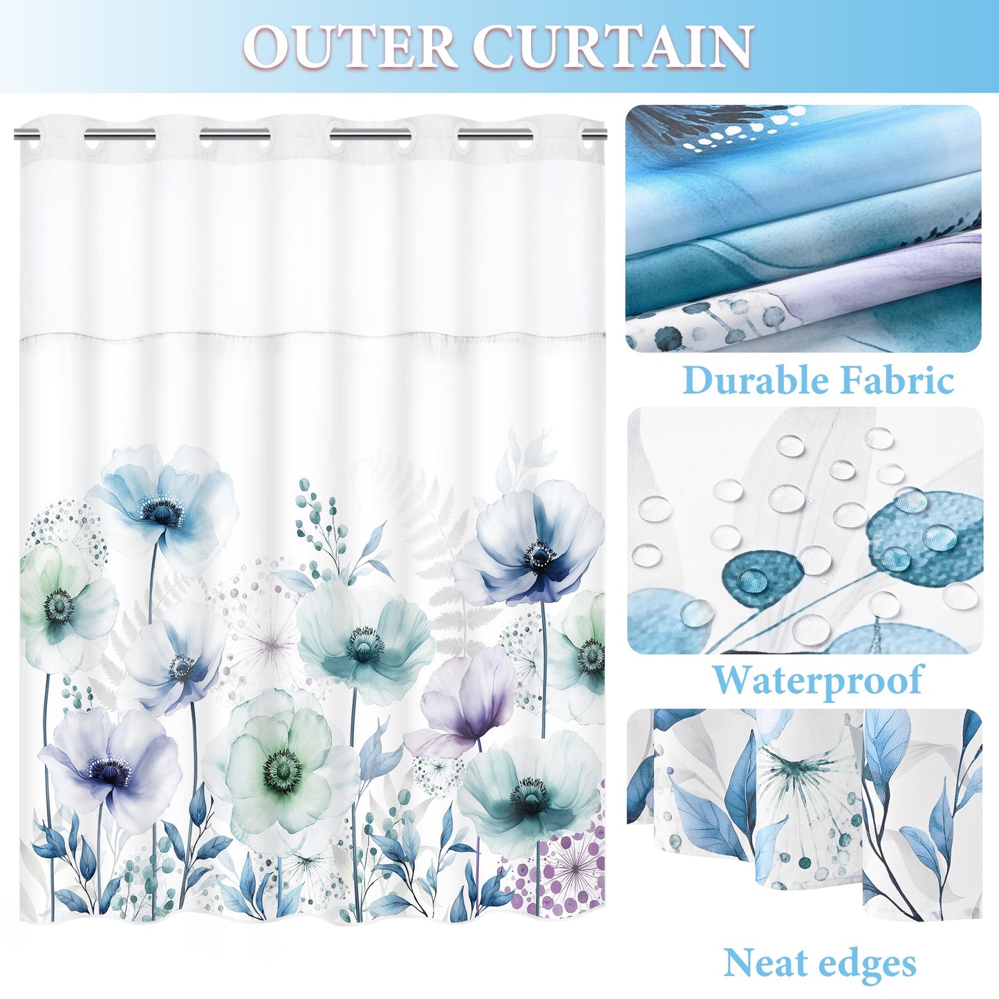 Ikfashoni Hookless Shower Curtain with Snap in Liner, Watercolor Flowers No Hook Waterproof Bath Curtain, 71"X74"