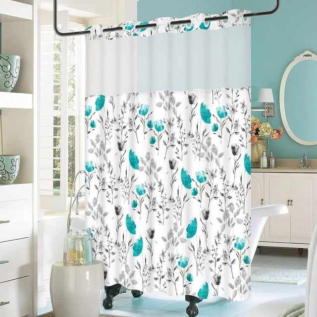 Ikfashoni Hookless Shower Curtain with Snap in Liner,Orange Floral Waterproof Fabric Mesh Window Bath Curtain,71"X74"