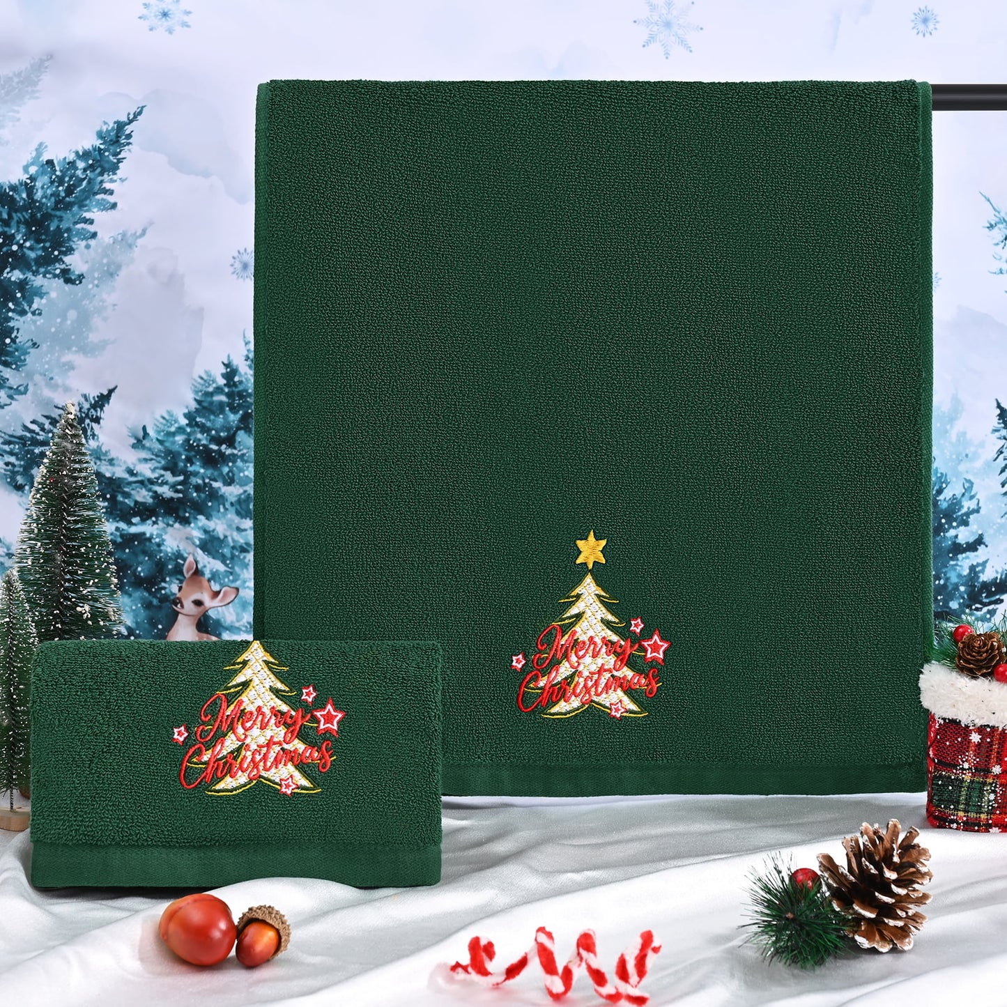 Ikfashoni 2 Pack Green Christmas Hand Towel, Embroidered Christmas Tree Red Scroll Cotton Towels