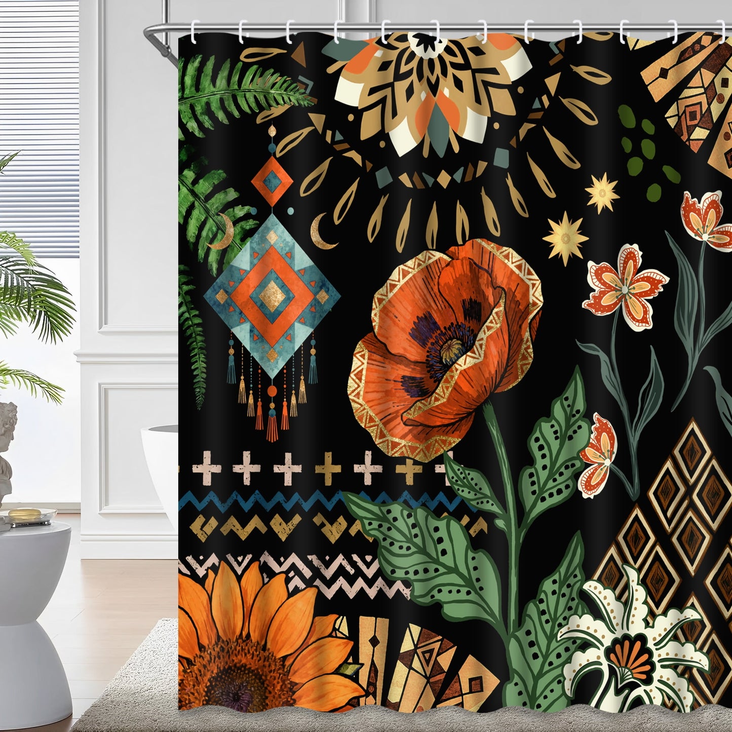 Ikfashoni Boho Flower Shower Curtain with Hooks,13pc Black Waterproof Fabric Bathroom Curtain, 72"X72"