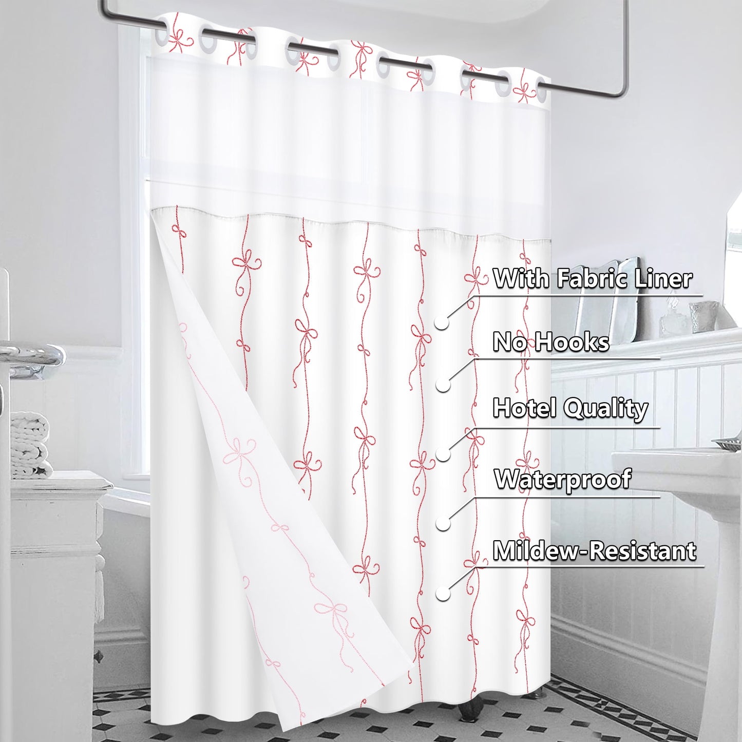 Ikfashoni No Hook Shower Curtain with Snap in Liner, Red Bow Hookless Waterproof Bath Curtain, 71"X74"