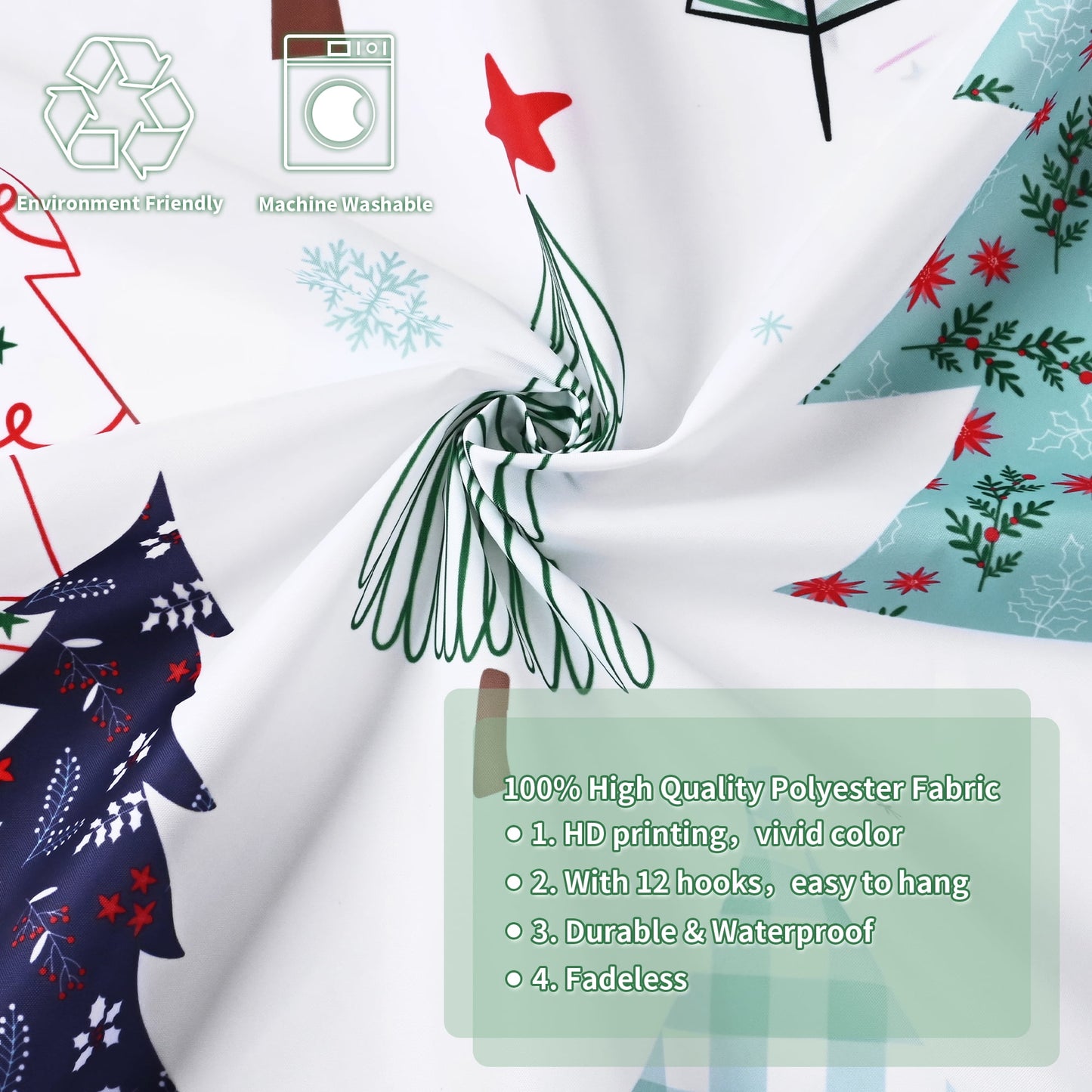 Ikfashoni Christmas Tree Shower Curtain with Hooks, Green Waterproof Bathroom Curtains, 72"X72"
