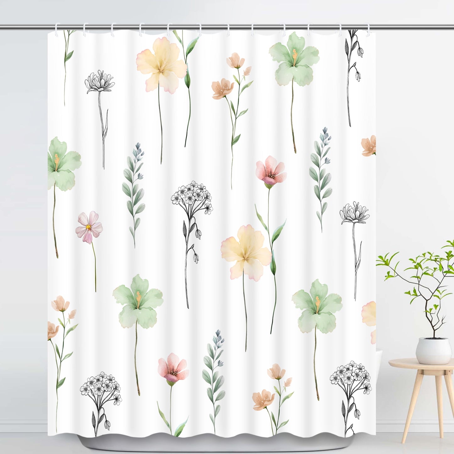 Ikfashoni Green Flowers Shower Curtain with Hooks,13pc Waterproof Fabric Bathroom Curtain, 72"X72"