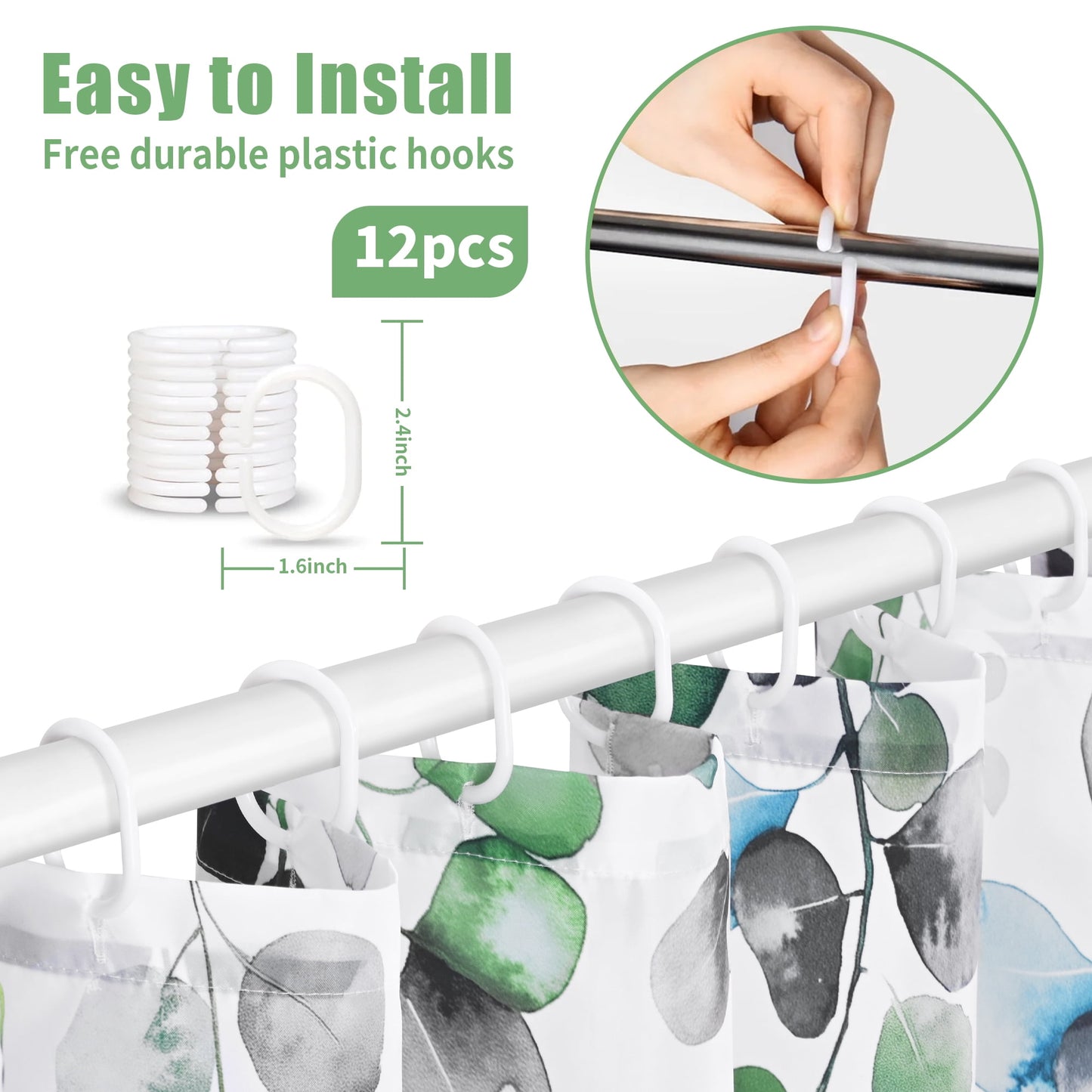 Ikfashoni Green Leaves Shower Curtain with Hooks,13pc Waterproof Fabric Bath Curtain, 72"X72"
