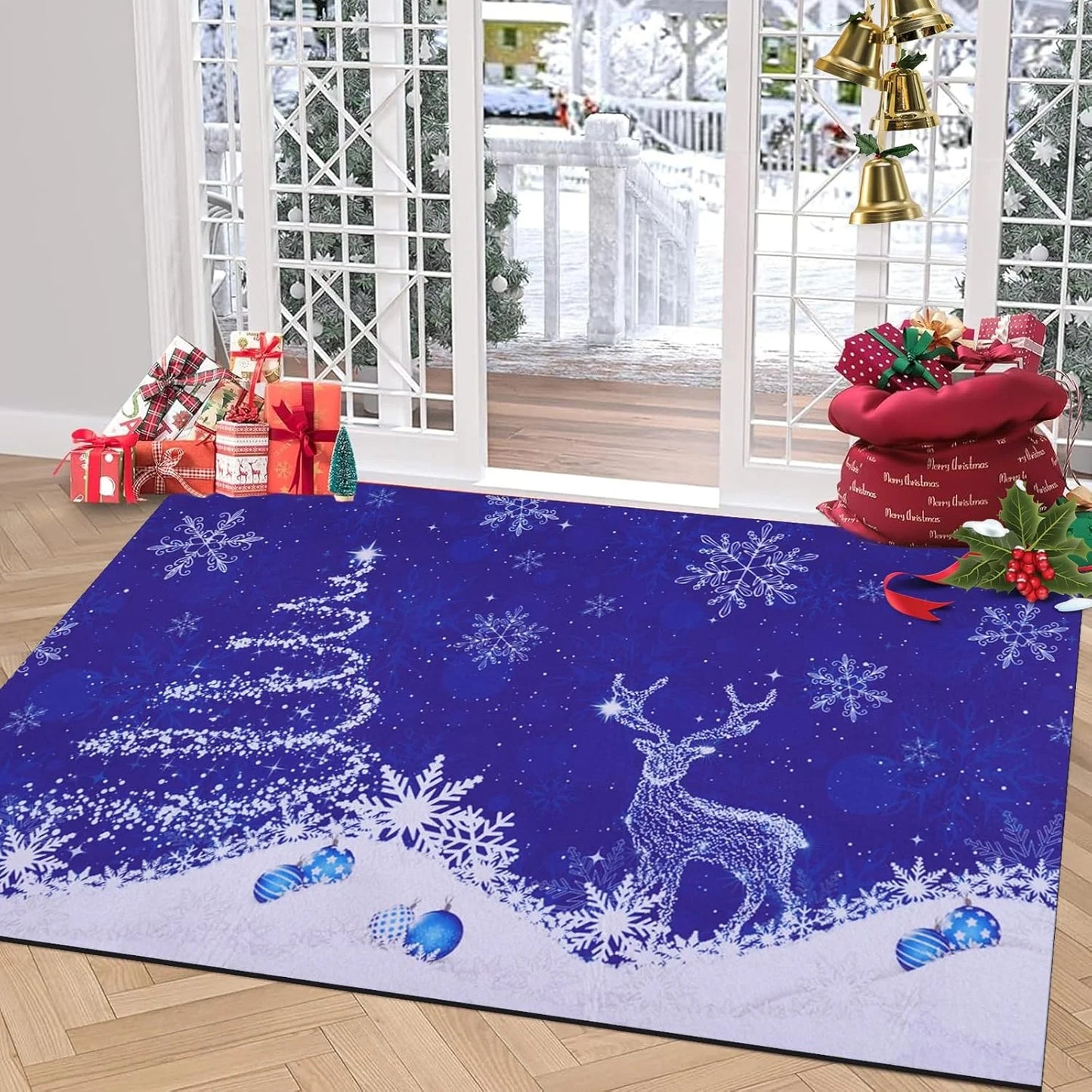 BLEUM CADE Christmas Doormat Reindeer Door Mats Winter Outdoor Welcome Mat,Blue Non Slip Christmas Floor Mats,18 x 30 inches