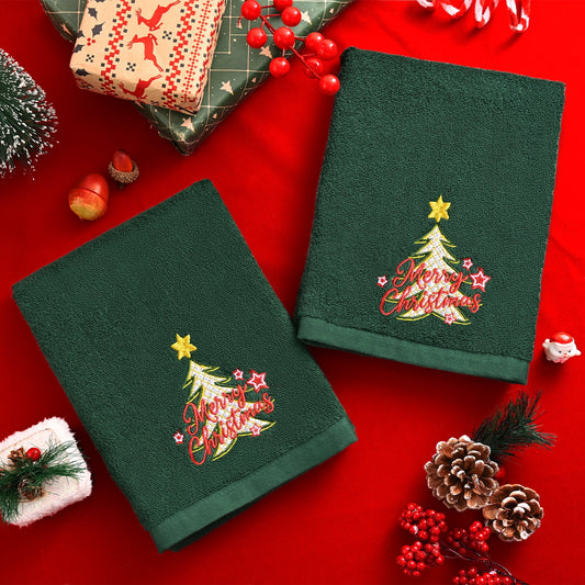 Ikfashoni 2 Pack Green Christmas Hand Towel, Embroidered Christmas Tree Red Scroll Cotton Towels