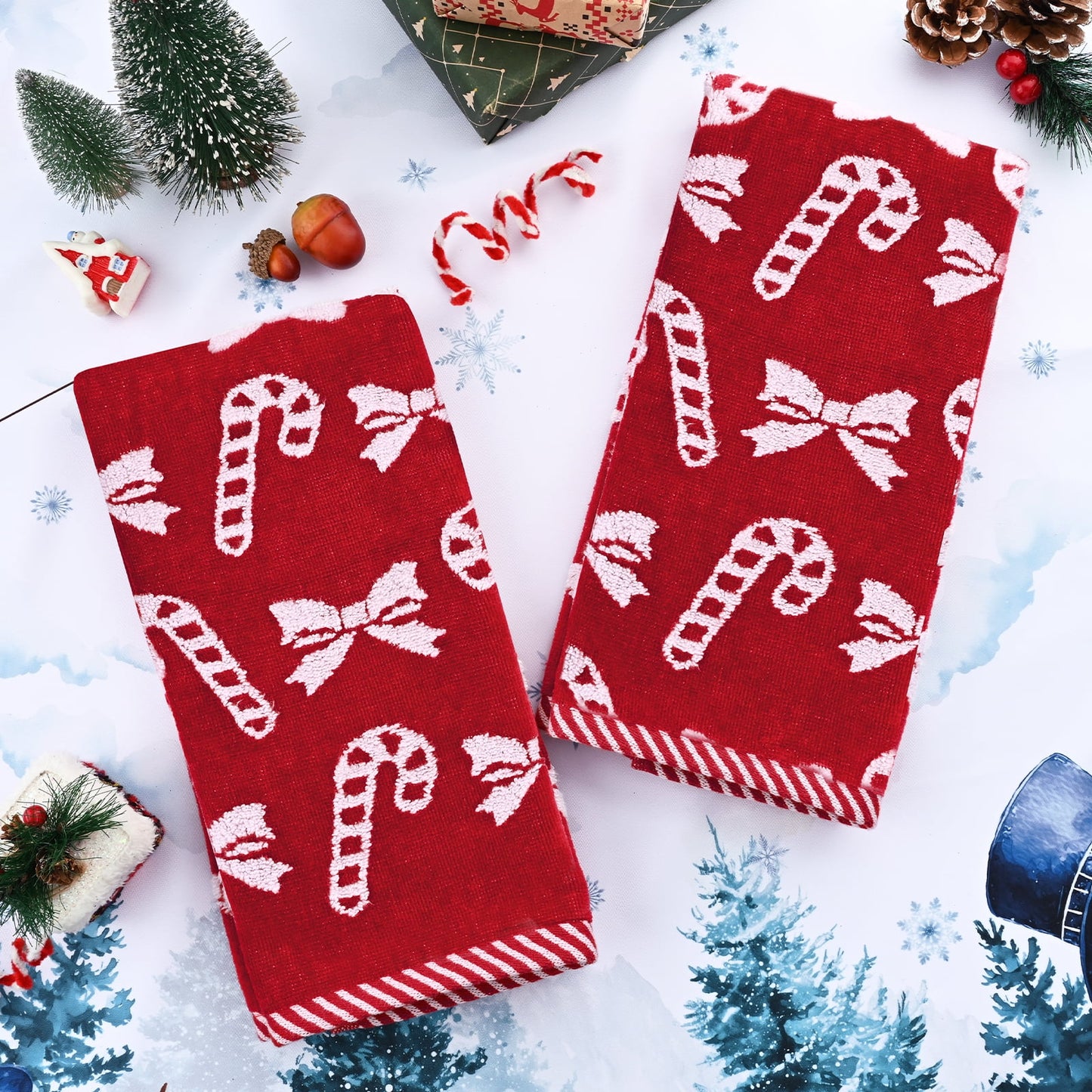 Ikfashoni 2 Pack Red Bow Christmas Hand Towel for Bathroom,Embroidered Christmas Scroll Cotton Towels