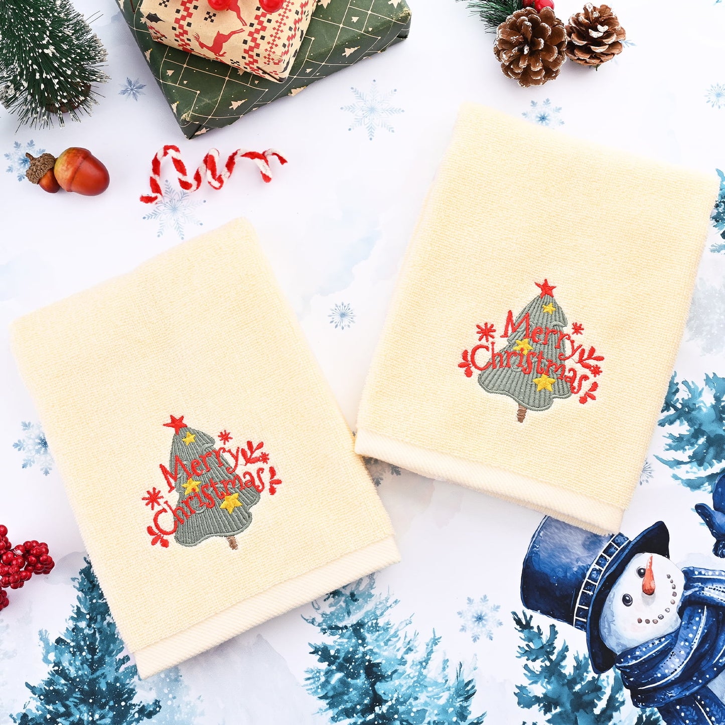 Ikfashoni 2 Pack Christmas Hand Towel for Bathroom, Embroidered Snowman White Scroll Cotton Towels