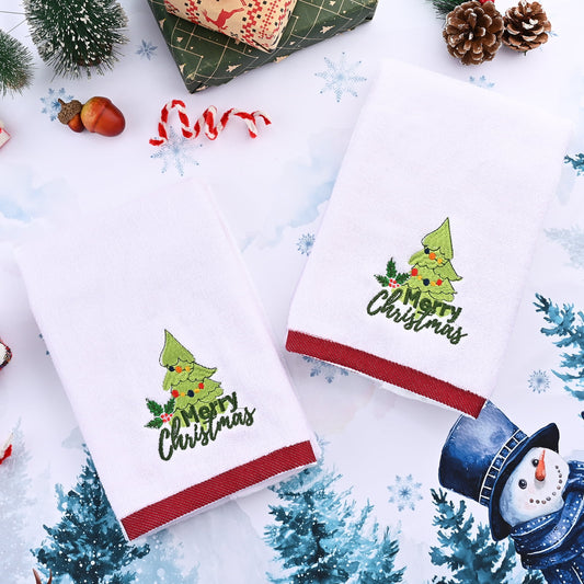 Ikfashoni 2 Pack White Christmas Hand Towels, Embroidered Christmas Tree Red Scroll Cotton Towels