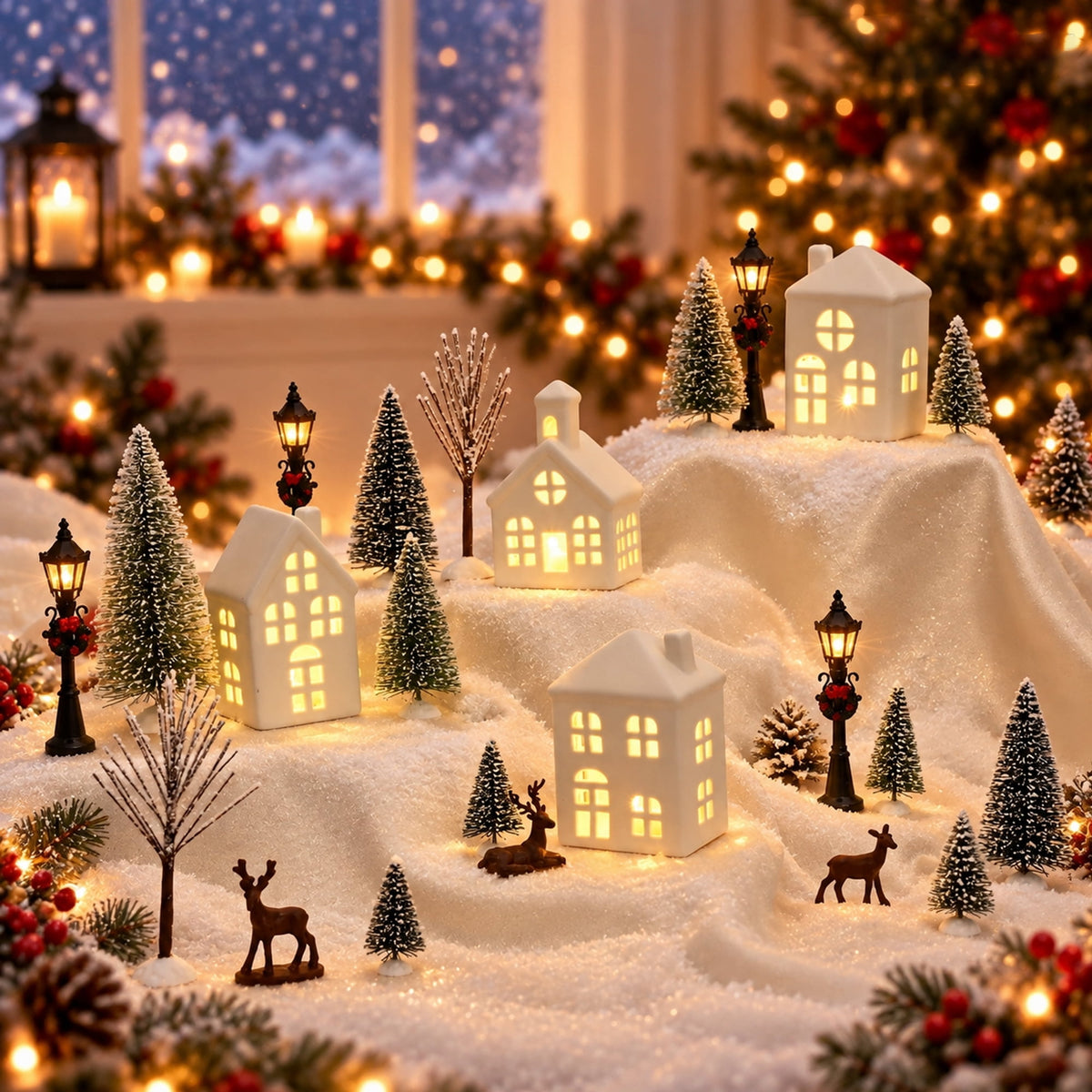 Ikfashoni 22 Pcs Ceramic Christmas Village Set, LED Christmas Village Houses with Xmas Trees Farmhouse Scenes Decor Tabletop Decoration
