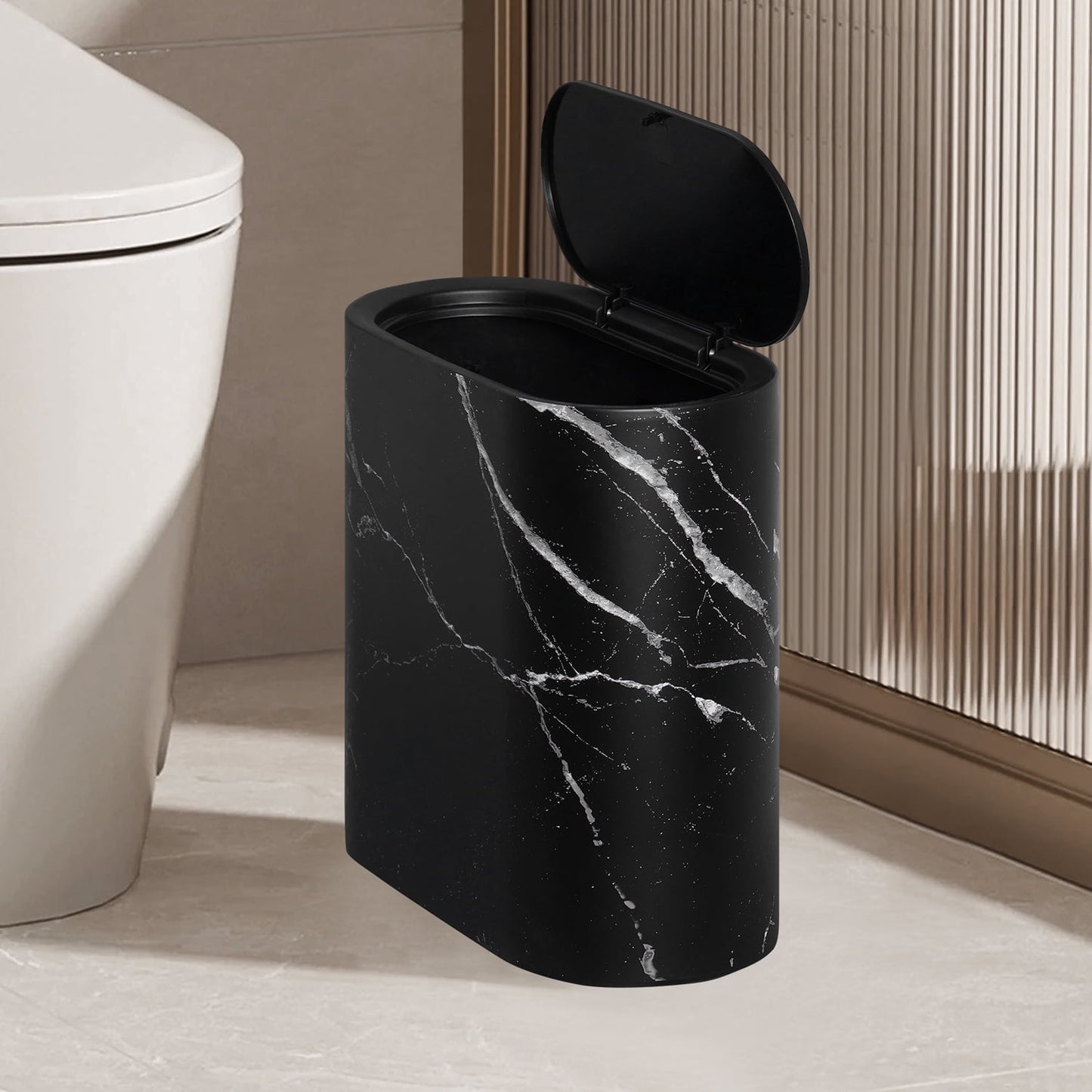 Ikfashoni 3 Gallon Trash Can with Lid, Black Marble Double-decker Wastebasket for Bathroom Bedroom Kitchen Office