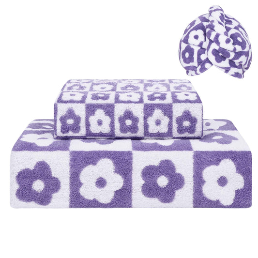 Ikfashoni 3 Piece Luxury Bath Towel Set, Purple Floral Hand Towel for Bathroom