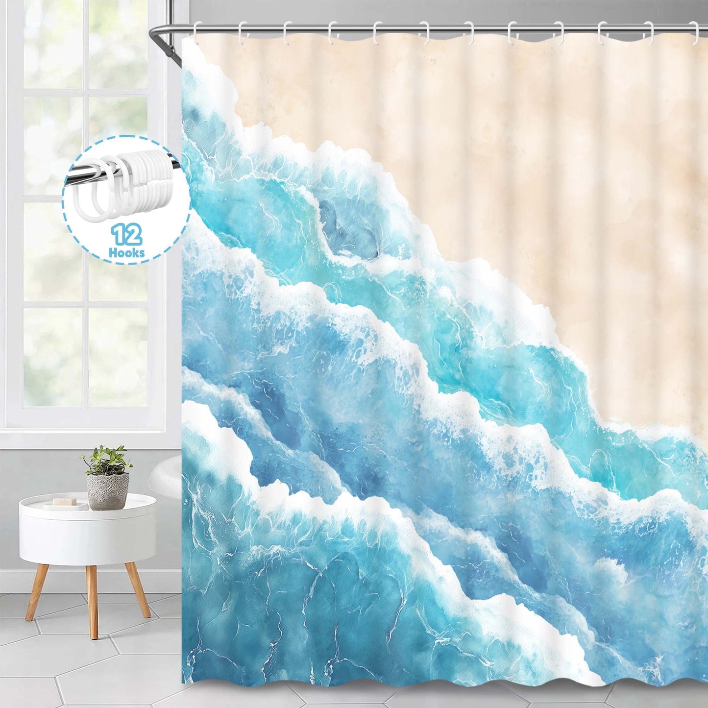 Ikfashoni Beach Shower Curtain with Hooks,13pc Waterproof Fabric Bathroom Curtain, 72"X72"