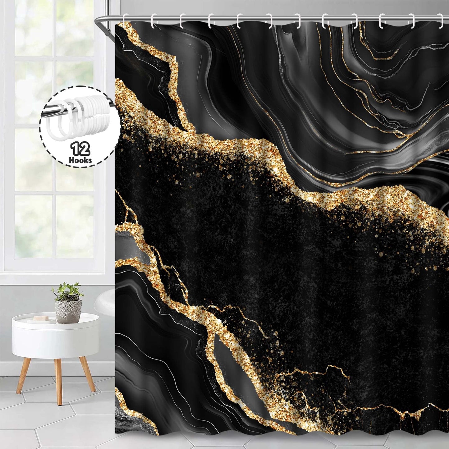 Ikfashoni Black Marble Shower Curtain with Hooks,13pc Waterproof Fabric Bathroom Curtain, 72"X72"