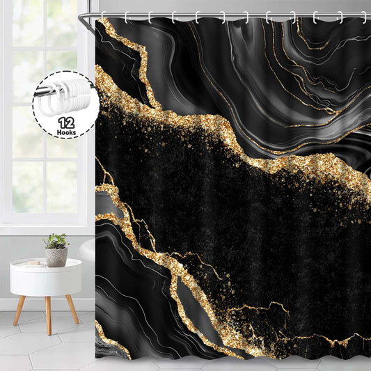 Ikfashoni Black Marble Shower Curtain with Hooks,13pc Waterproof Fabric Bathroom Curtain, 72"X72"