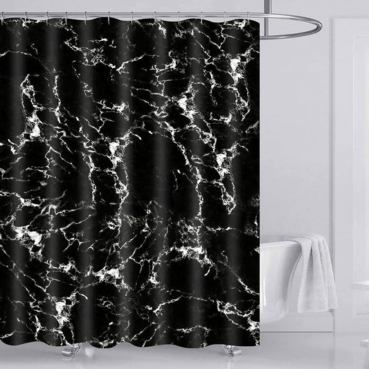 Ikfashoni Black Shower Curtain, 13pc Waterproof Marble Abstract Fabric Bathroom Sets with Hooks, 69"X70"