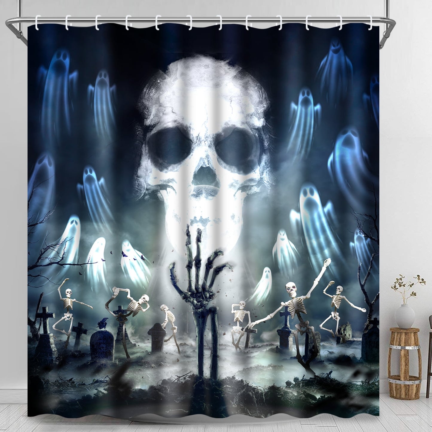 Ikfashoni Black Skull Halloween Shower Curtain, Ghost Graveyard Waterproof Fabric Bathroom Decor, 72"X72"