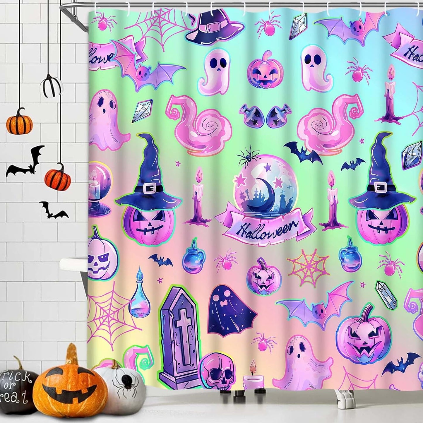 Ikfashoni Blacklight Halloween Shower Curtain,UV Reactive Pink Pumpkin Waterproof Fabric Bathroom Decor,69"X70"