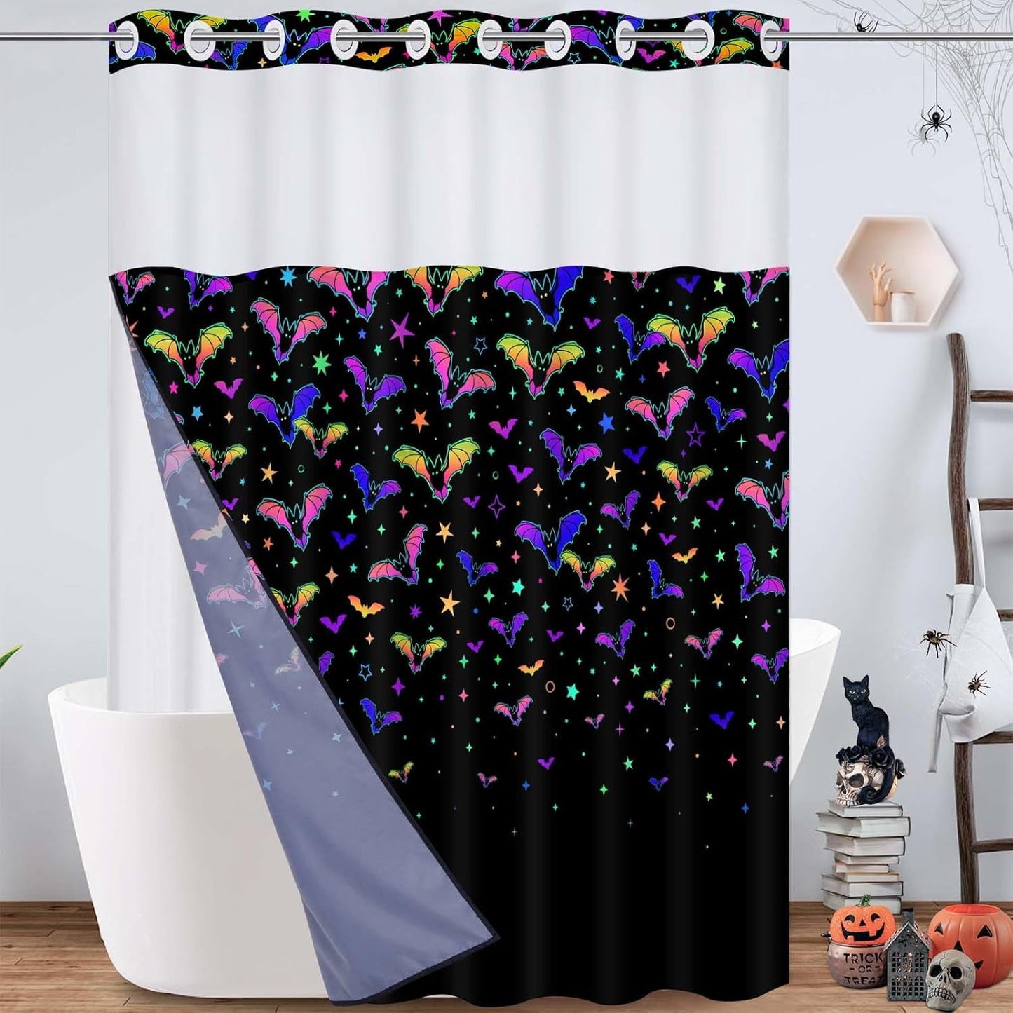 Ikfashoni Blacklight Hookless Shower Curtain with Snap in Liner,Halloween UV Reactive Waterproof Fabric Mesh Window Bath Curtain,71"X74"