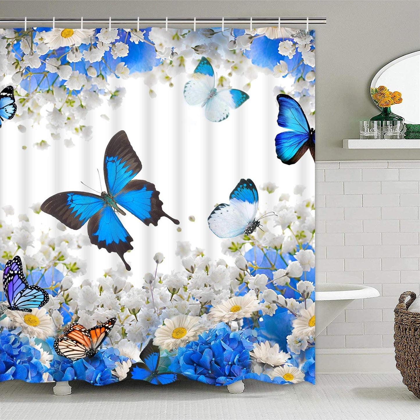 Ikfashoni Blue Butterfly Floral Shower Curtain, 13pc Fabric Waterproof Bathroom Sets, 69"X70"