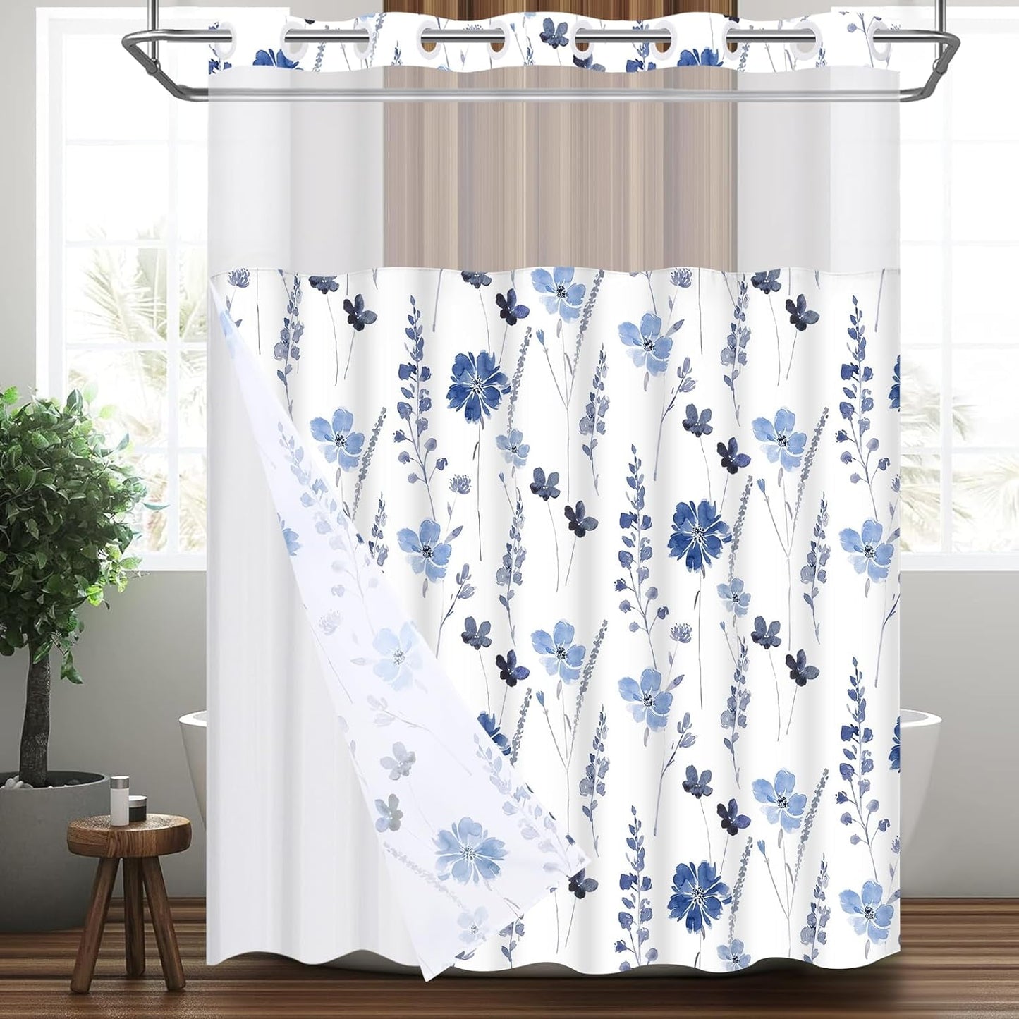 Ikfashoni Hookless Shower Curtain with Snap in Liner, White Boho Floral Waterproof Fabric Mesh Window Bath Curtain, 71"X74"