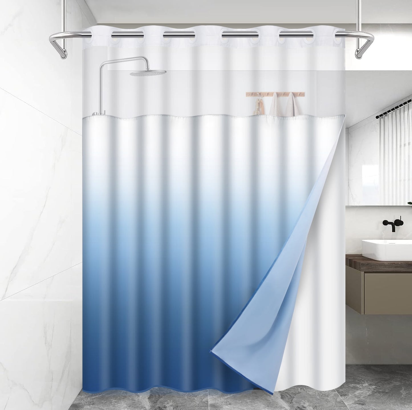 Ikfashoni Hookless Shower Curtain with Snap in Liner, Navy Gradient No Hook Waterproof Ombre Bath Curtain, 71"X74"