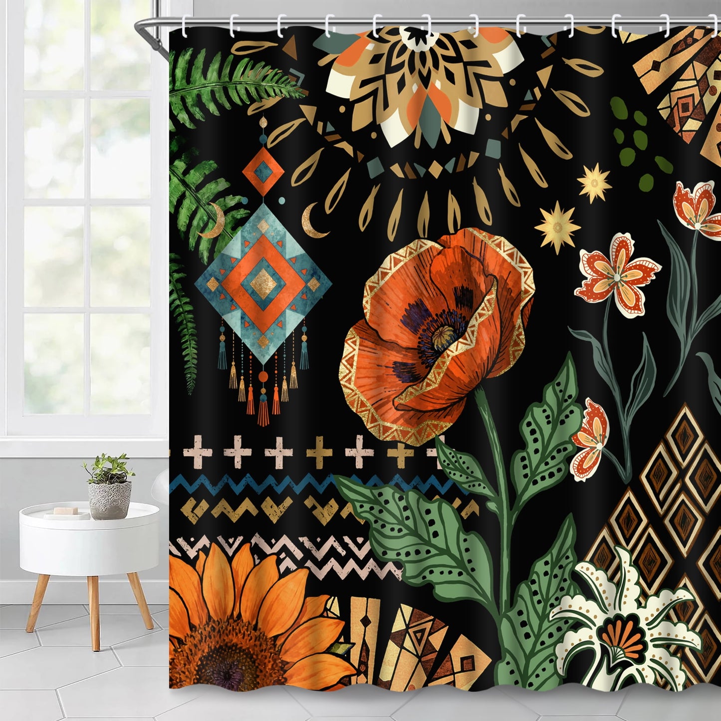 Ikfashoni Boho Flower Shower Curtain with Hooks,13pc Black Waterproof Fabric Bathroom Curtain, 72"X72"