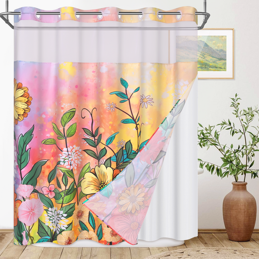 Ikfashoni Boho Hookless Shower Curtain with Snap in Liner, Colorful Floral Waterproof Fabric Mesh Window Bath Curtain, 71"X74"