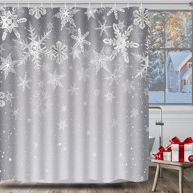 Ikfashoni Christmas Shower Curtain, Crystal Snowflake Gray Waterproof Fabric Bathroom Curtain, 70"X69"