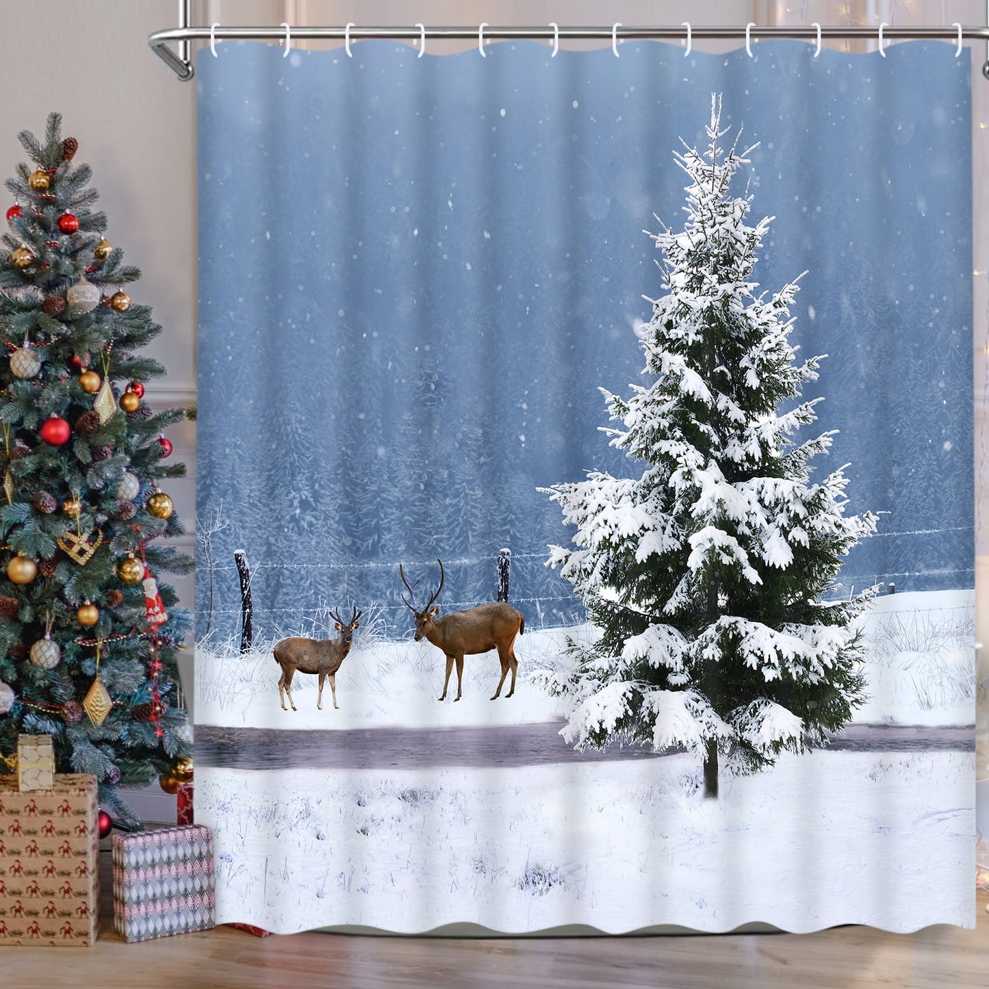 Ikfashoni Christmas Shower Curtain, Waterproof Fabric Snowy Winter Bathroom Curtain with 12 Hooks, 70"X69"