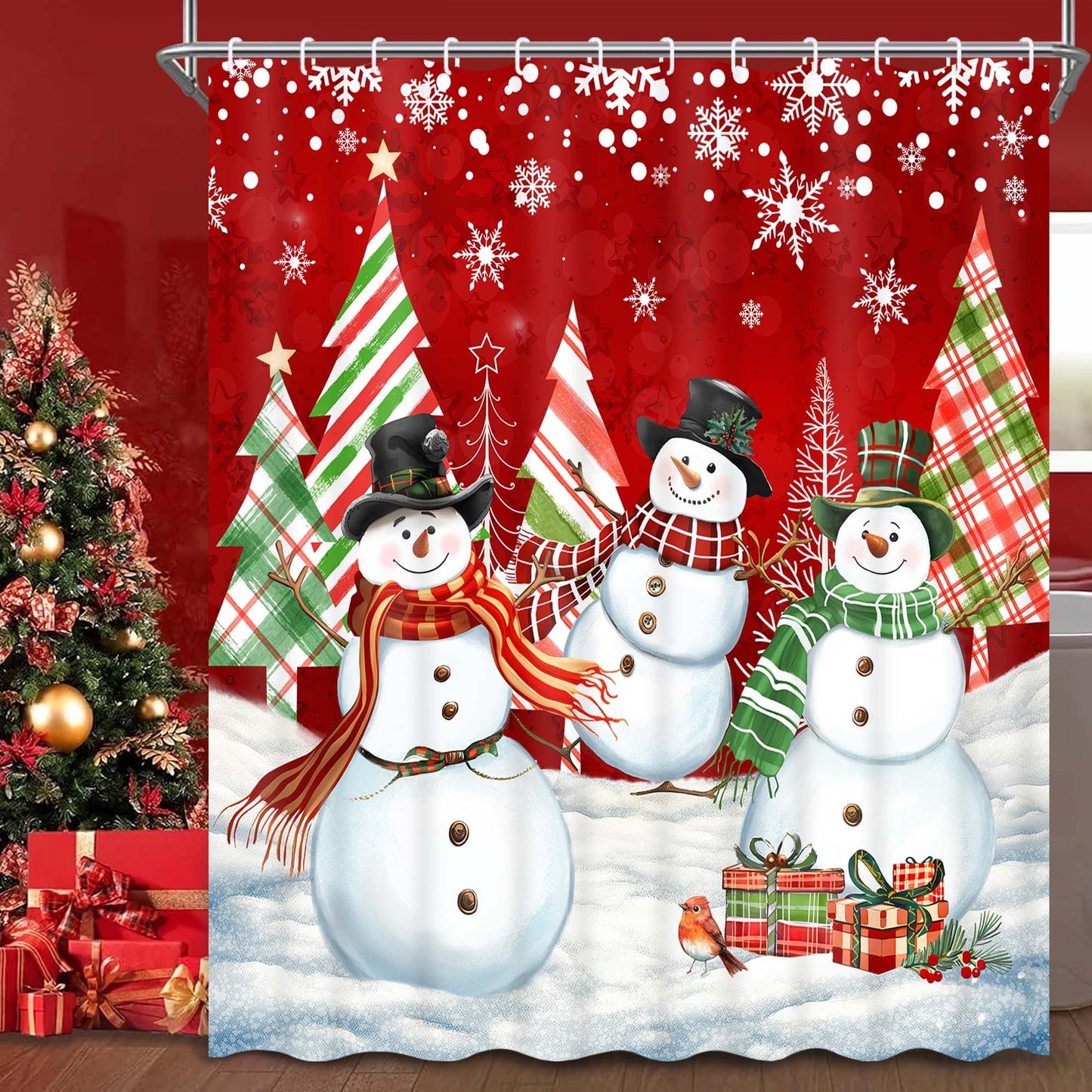 Ikfashoni Christmas Shower Curtain with Hooks,Snowman Waterproof Fabric Christmas Bathroom Decor,70"X69"