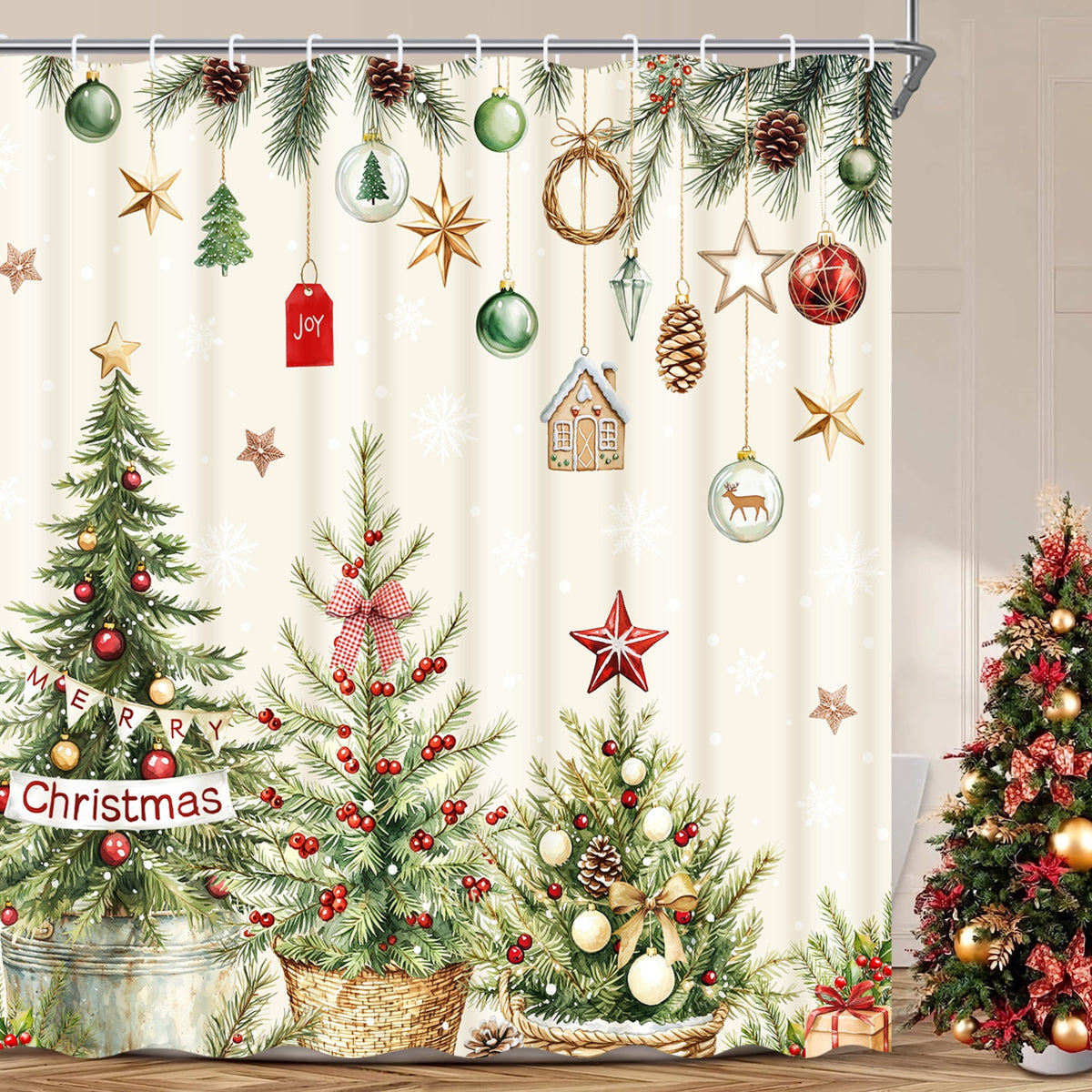 Ikfashoni Christmas Tree Shower Curtain with Hooks, Winter Snowman Waterproof Bathroom Curtains, 72"X72"