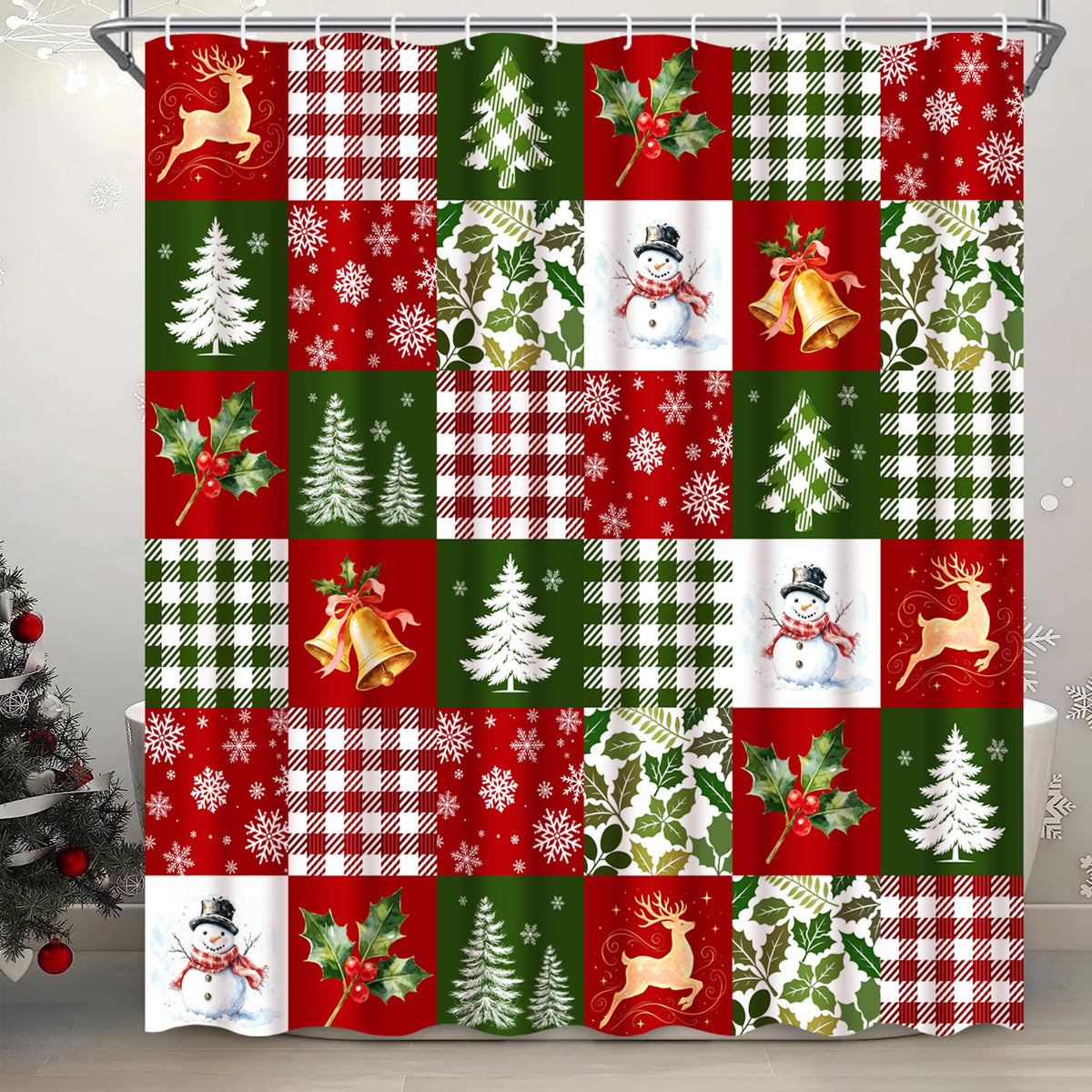 Ikfashoni Christmas Tree Shower Curtain with Hooks, Winter Snowman Waterproof Bathroom Curtains, 72"X72"