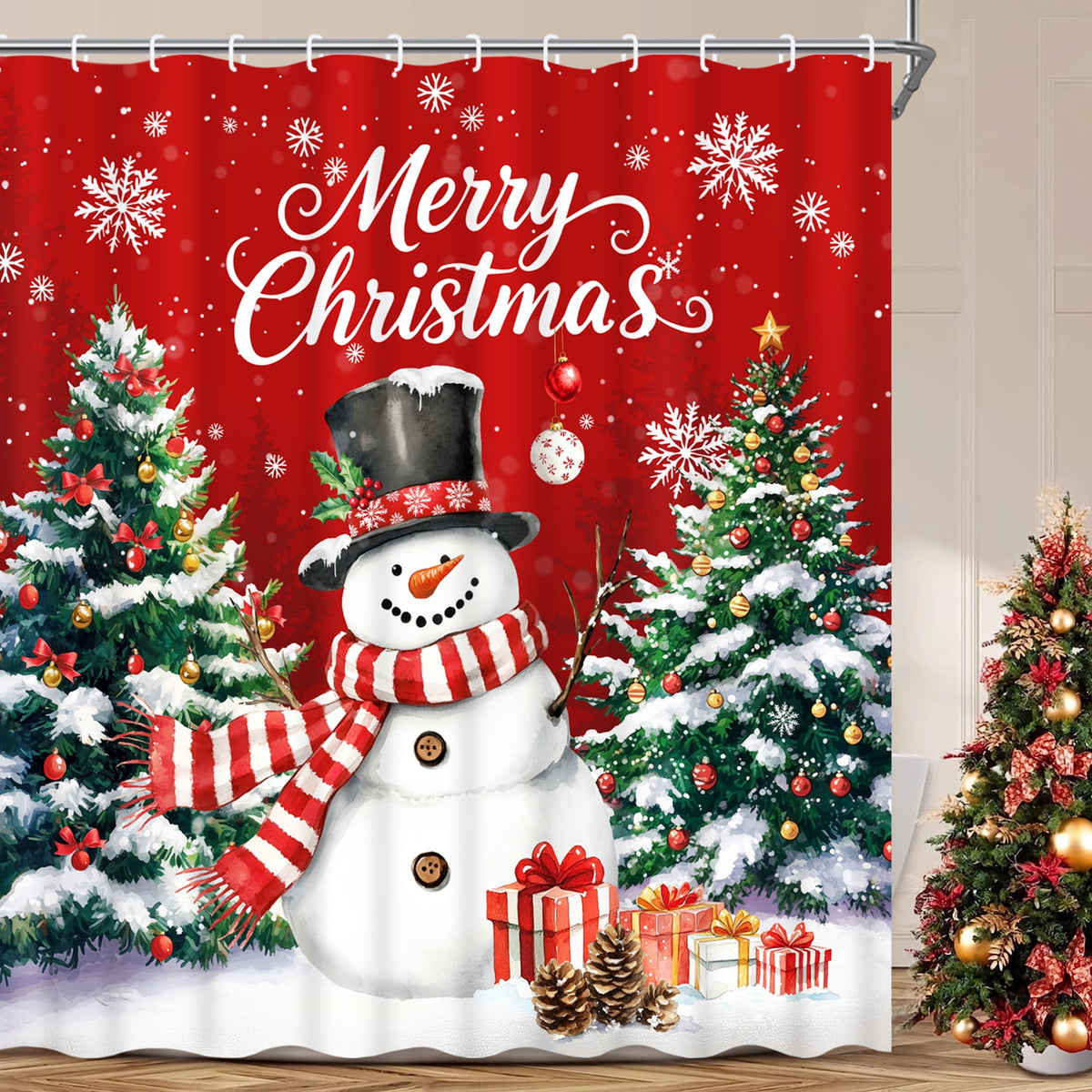 Ikfashoni Christmas Tree Shower Curtain with Hooks, Winter Snowman Waterproof Bathroom Curtains, 72"X72"