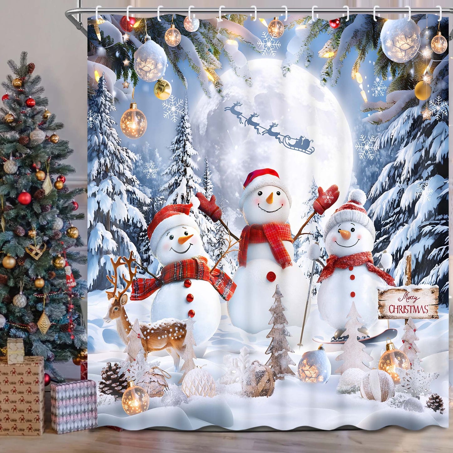 Ikfashoni Christmas Shower Curtain with Hooks,Snowman Waterproof Fabric Christmas Bathroom Decor,70"X69"