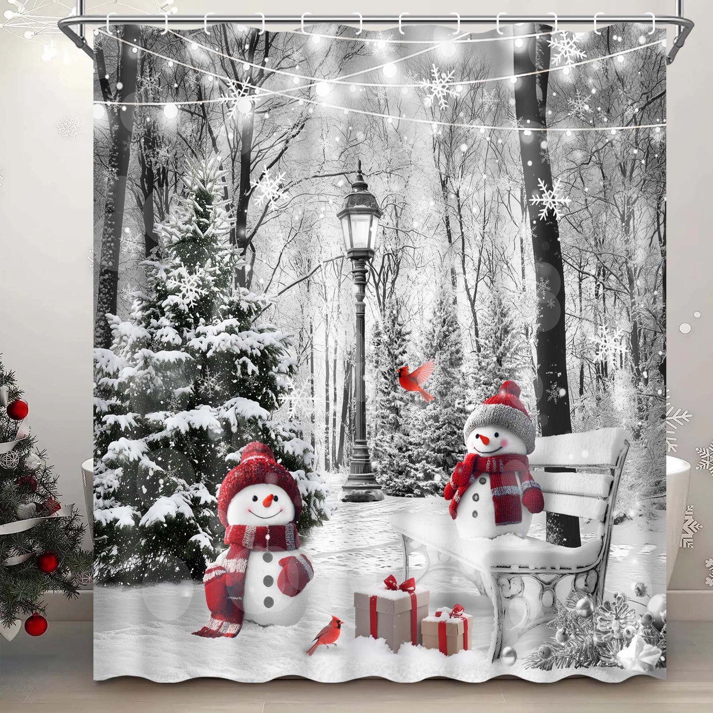 Ikfashoni Christmas Shower Curtain with Hooks, Winter Snowman Waterproof Bathroom Curtains, 72"X72"