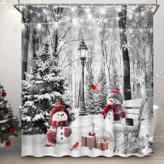Ikfashoni Christmas Shower Curtain with Hooks, Winter Snowman Waterproof Bathroom Curtains, 72"X72"