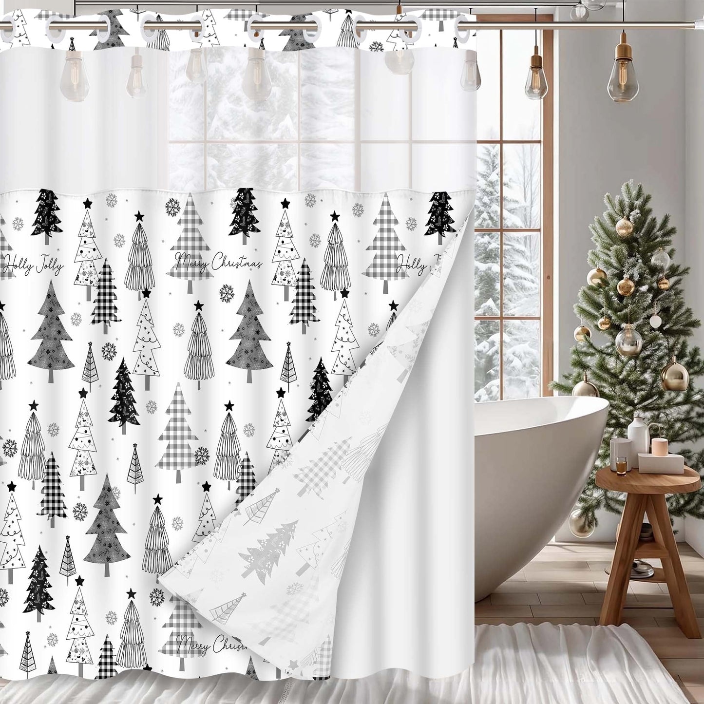 Ikfashoni Christmas Shower Curtain with Snap in Liner,Gray Christmas Tree Hookless Bathroom Curtain,71"X74"