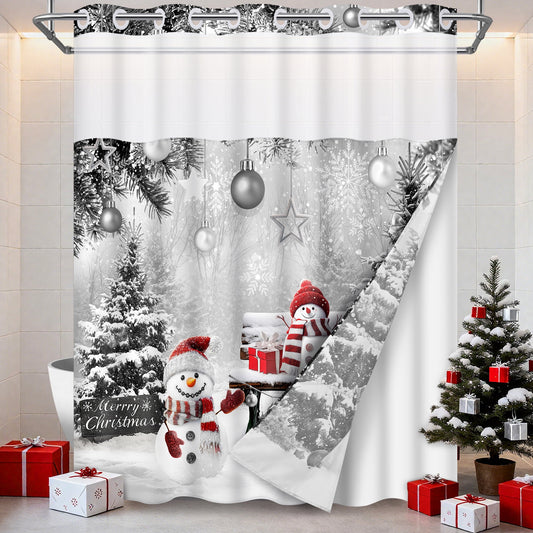 Ikfashoni Christmas Shower Curtain with Snap in Liner, Gray Snowman No Hook Waterproof Bath Curtain, 71"X74"