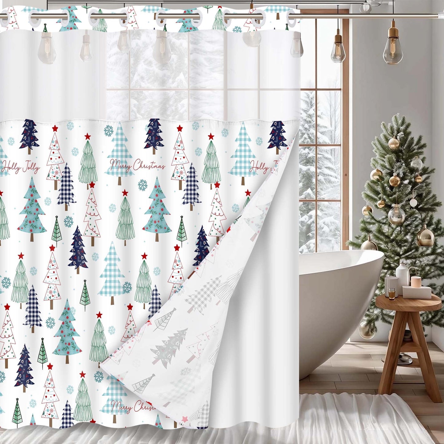 Ikfashoni Christmas Shower Curtain with Snap in Liner,Gray Christmas Tree Hookless Bathroom Curtain,71"X74"