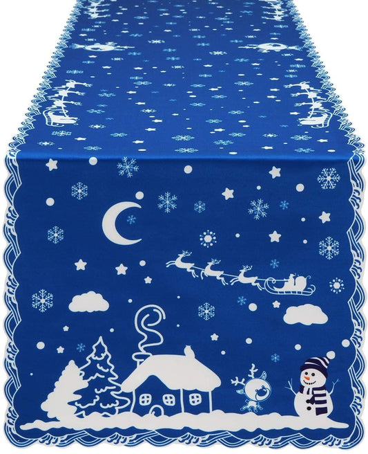 Ikfashoni Christmas Table Runner, Blue Snowflake Snowman Reindeer Table Runners for Xmas Decoration, 14"x70"