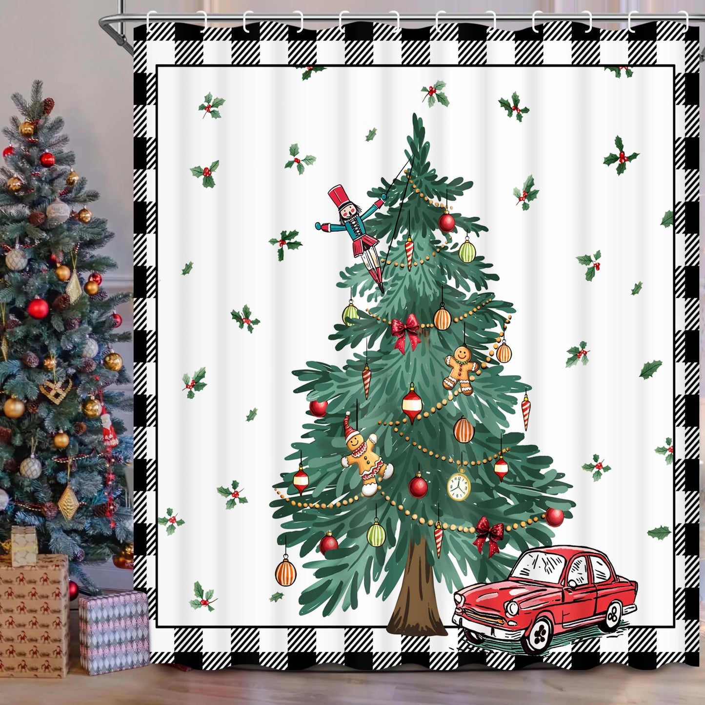 Ikfashoni Christmas Tree Shower Curtain with Hooks, Black and White Grid Waterproof Fbric Bathroom Curtains, 72"X72"