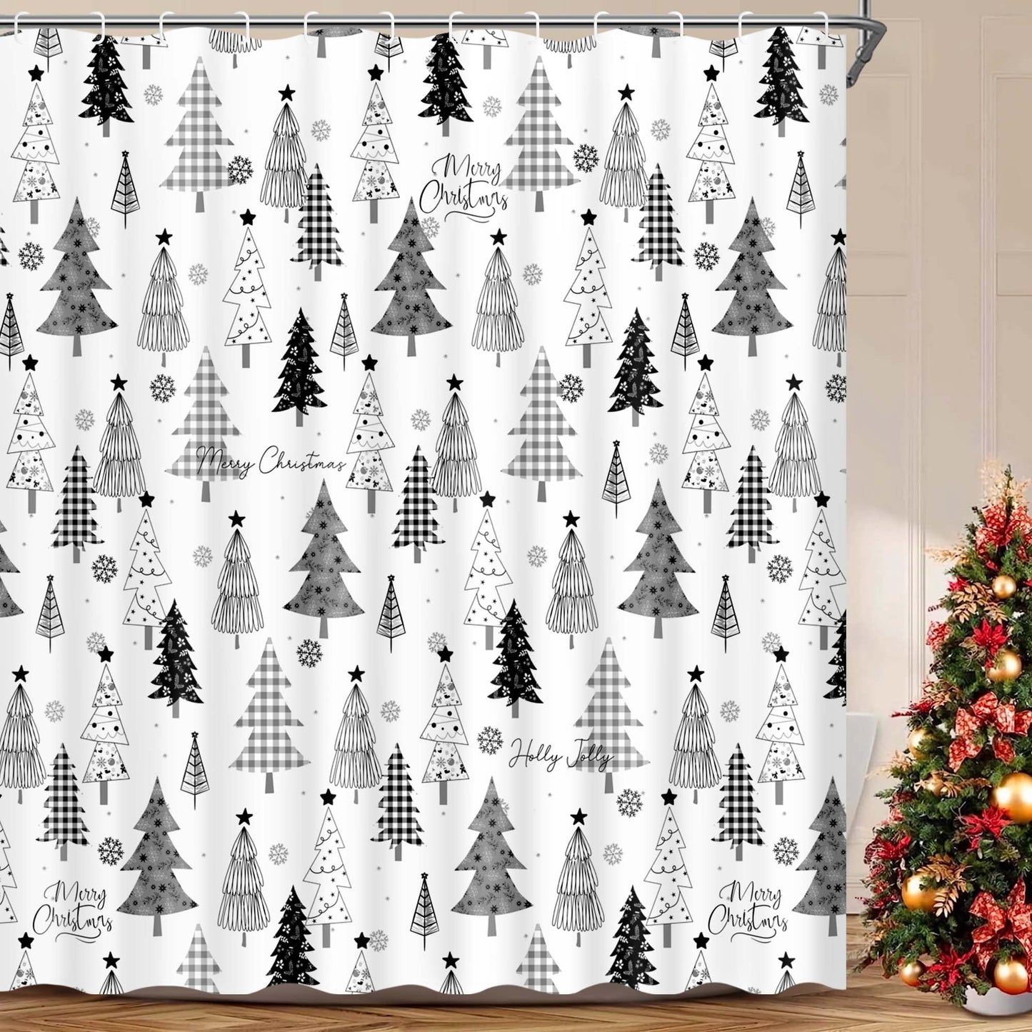 Ikfashoni Christmas Tree Shower Curtain with Hooks, Gray Waterproof Bathroom Curtains, 72"X72"