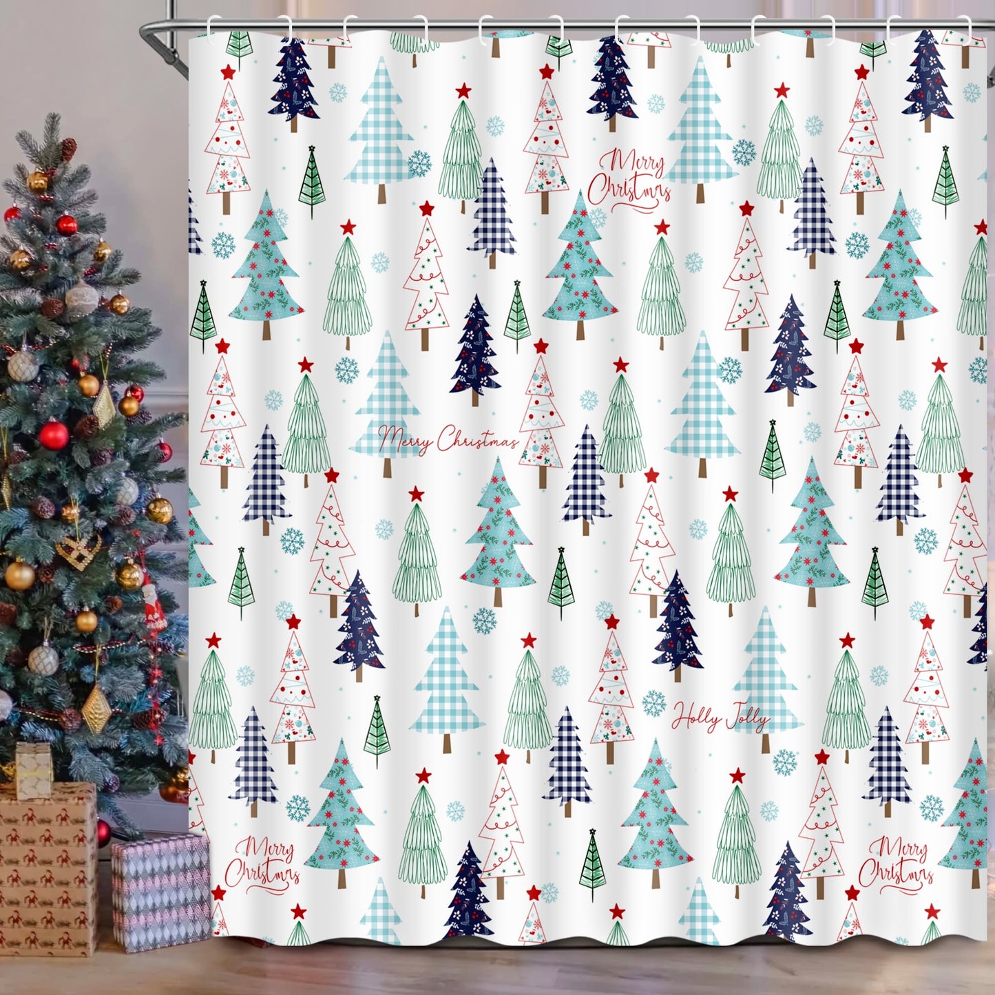 Ikfashoni Christmas Tree Shower Curtain with Hooks, Green Waterproof Bathroom Curtains, 72"X72"