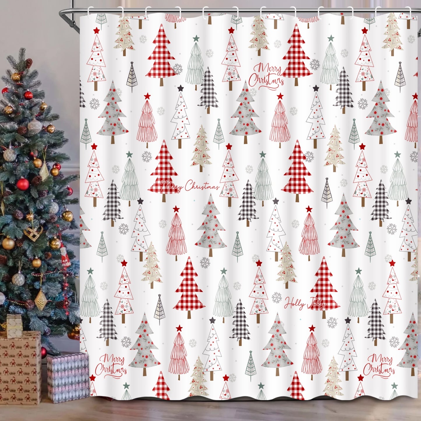Ikfashoni Christmas Tree Shower Curtain with Hooks, Red Waterproof Bathroom Curtains, 72"X72"