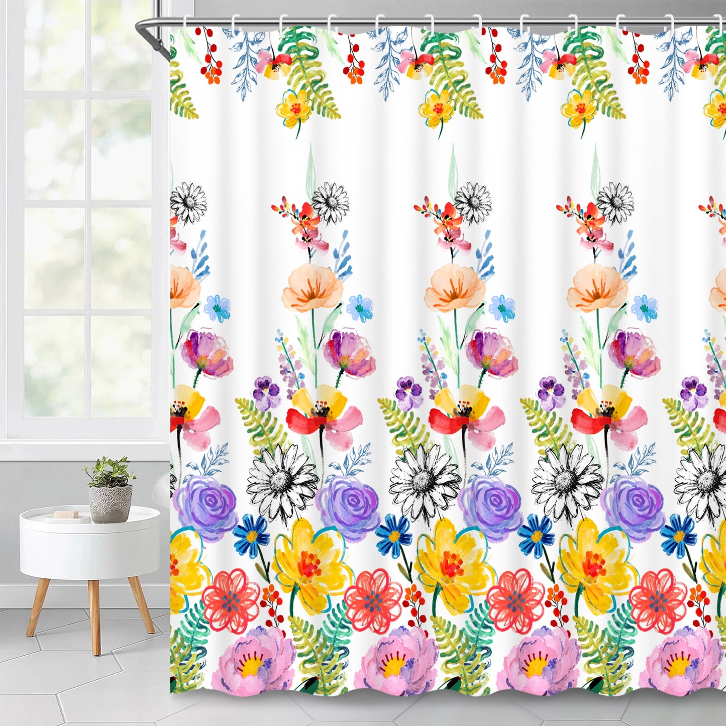 Ikfashoni Colorful flower Shower Curtain with Hooks,13pc Spring Waterproof Fabric Bathroom Curtain, 72"X72"