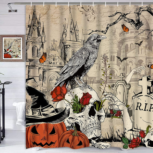 Ikfashoni Crow Castle Shower Curtain with 12 Hooks,Rose Skull Pumpkin Halloween Decoration Vintage Waterproof Bath Curtains,70"X69"